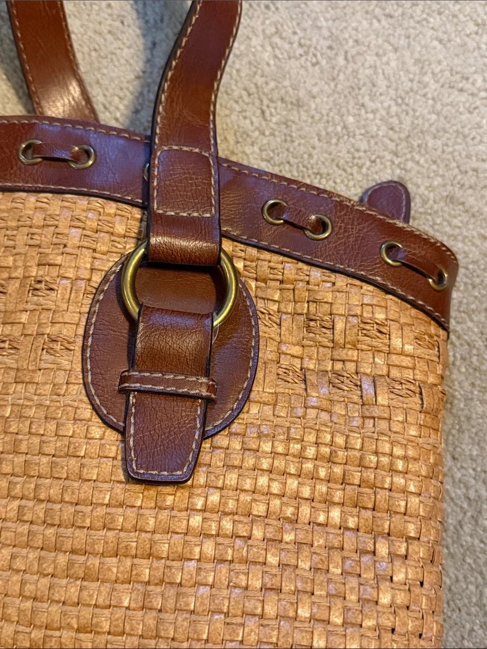 Fossil Woven Straw Tote with Brown Leather Trim - Picture 2 of 11